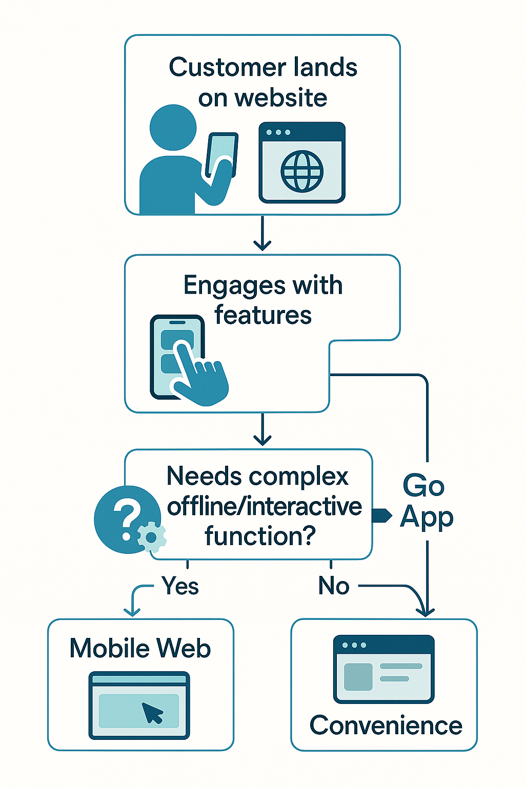 Graphics element idea: Flowchart—Customer lands on website → Engages with features → Needs complex offline/interactive function → Triggers a “Go App” pathway, otherwise remains on “Mobile Web” for convenience.