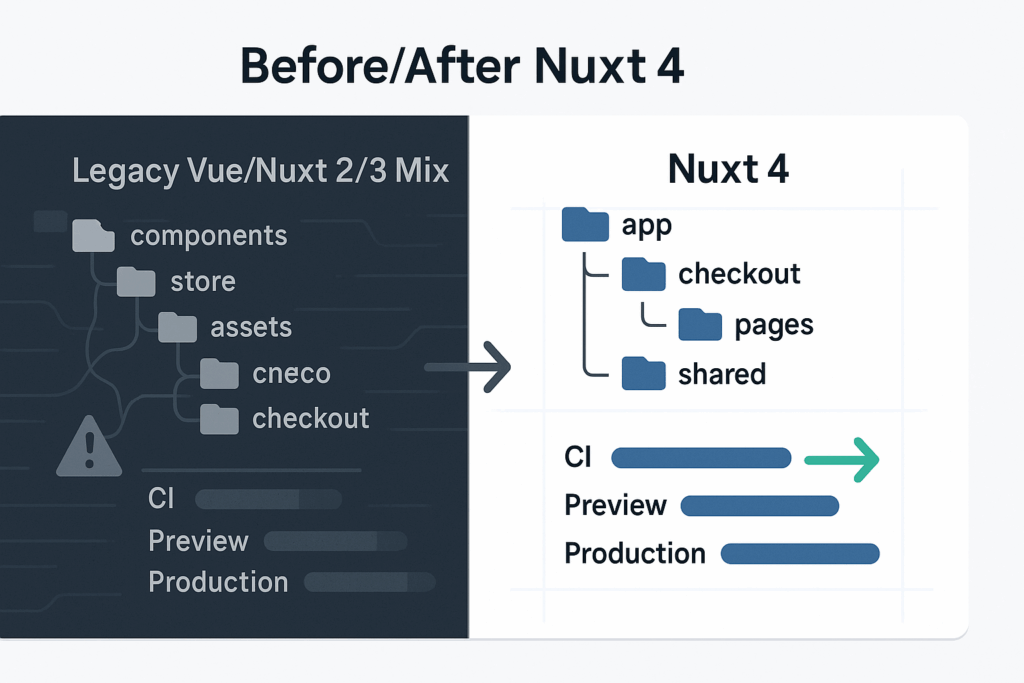 GRAPHIC: 1920×1080 “Before/After Nuxt 4.” Left panel shows a tangled folder tree labeled “Legacy Vue/Nuxt 2/3 Mix,” with uneven build bars and a red warning icon on a checkout route. Right panel shows a clean feature-bounded app directory, smooth build bars for “CI,” “Preview,” and “Production,” and a green conversion arrow on the same checkout route. Minimalist icons, clear labels, and crisp spacing.