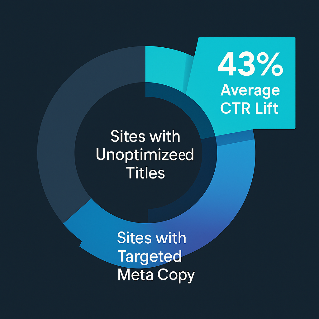 Graphics element: Donut chart—Inner ring “Sites with Unoptimized Titles,” outer ring “Sites with Targeted Meta Copy,” a 43 percent slice pops out labeled “Average CTR Lift,” modern infographic palette, 1920 × 1080.