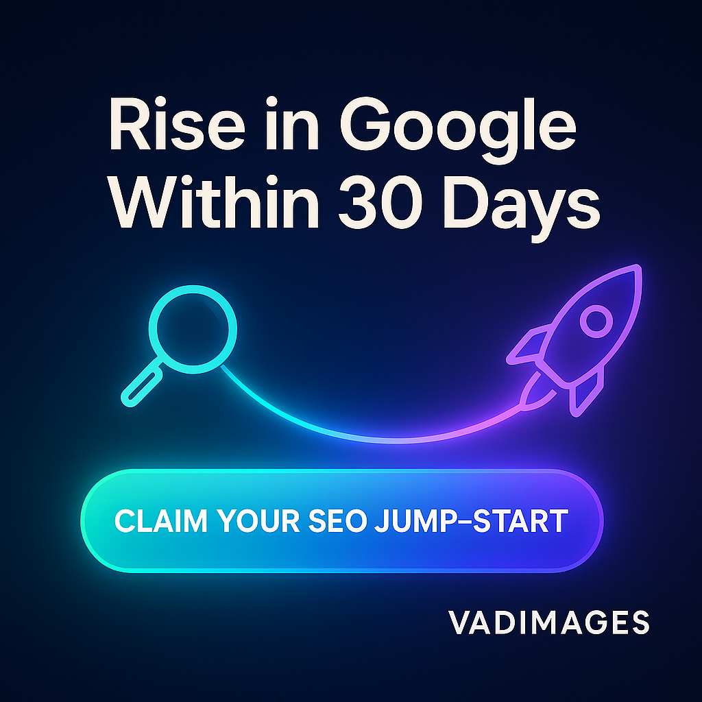 Graphics element: Call-to-Action banner—A glowing “Claim Your SEO Jump-Start” button arcs toward animated magnifying-glass and rocket icons; headline: “Rise in Google Within 30 Days,” Vadimages logo bottom-right, wide 1920 × 1080.