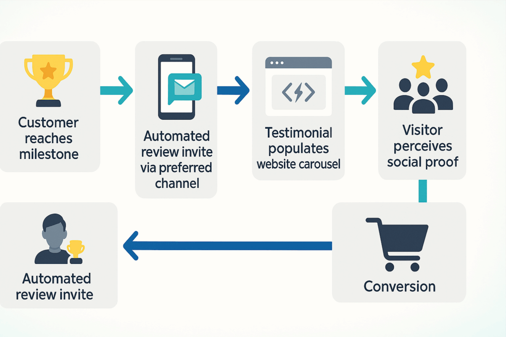 Graphics element: Flowchart—Customer reaches milestone → Automated review invite via preferred channel → Instant review widget API call → Testimonial populates website carousel → Visitor perceives social proof → Conversion, teal-and-indigo arrows, 1920 × 1080.