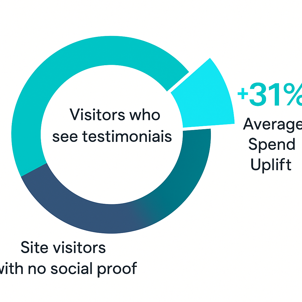 Graphics element: Donut chart—Inner ring “Site visitors with no social proof,” outer ring “Visitors who see testimonials,” a 31 percent slice pops out labeled “Average Spend Uplift,” modern palette, 1920 × 1080.