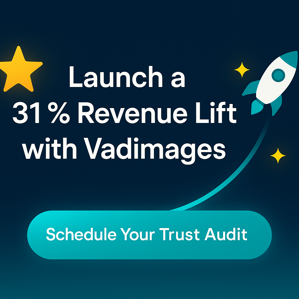 Graphics element: Call-to-Action banner—A glowing “Schedule Your Trust Audit” button arcs toward animated star and rocket icons; headline: “Launch a 31 % Revenue Lift with Vadimages,” wide 1920 × 1080.