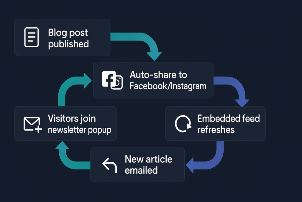 Graphics element: Flowchart — Blog post published → Auto-share to Facebook/Instagram → Embedded feed refreshes on homepage → Visitors join newsletter popup → New article emailed → Readers click back to site, teal-and-indigo arrows, 1920 × 1080