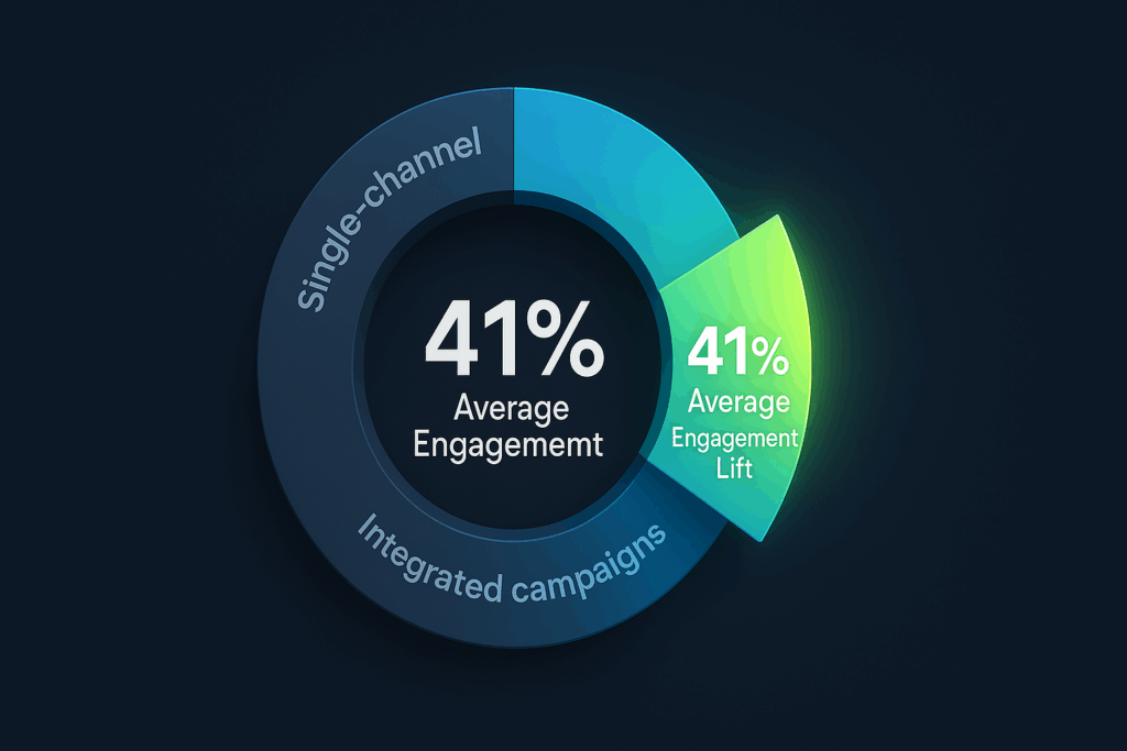 Graphics element: Donut chart — Inner ring “Single-channel campaigns,” outer ring “Integrated campaigns,” a 41 percent slice pops out labeled “Average Engagement Lift,” modern palette, 1920 × 1080