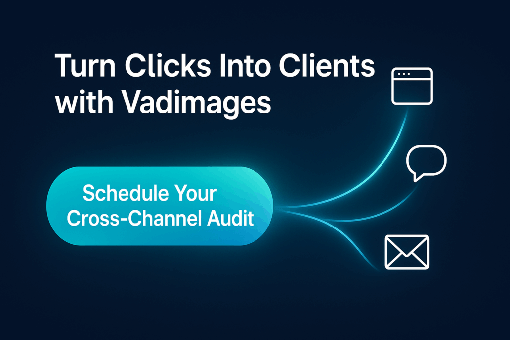 Graphics element: Call-to-Action banner — A glowing “Schedule Your Cross-Channel Audit” button arcs toward icons for browser, chat bubble, and envelope; headline: “Turn Clicks Into Clients with Vadimages,” 1920 × 1080