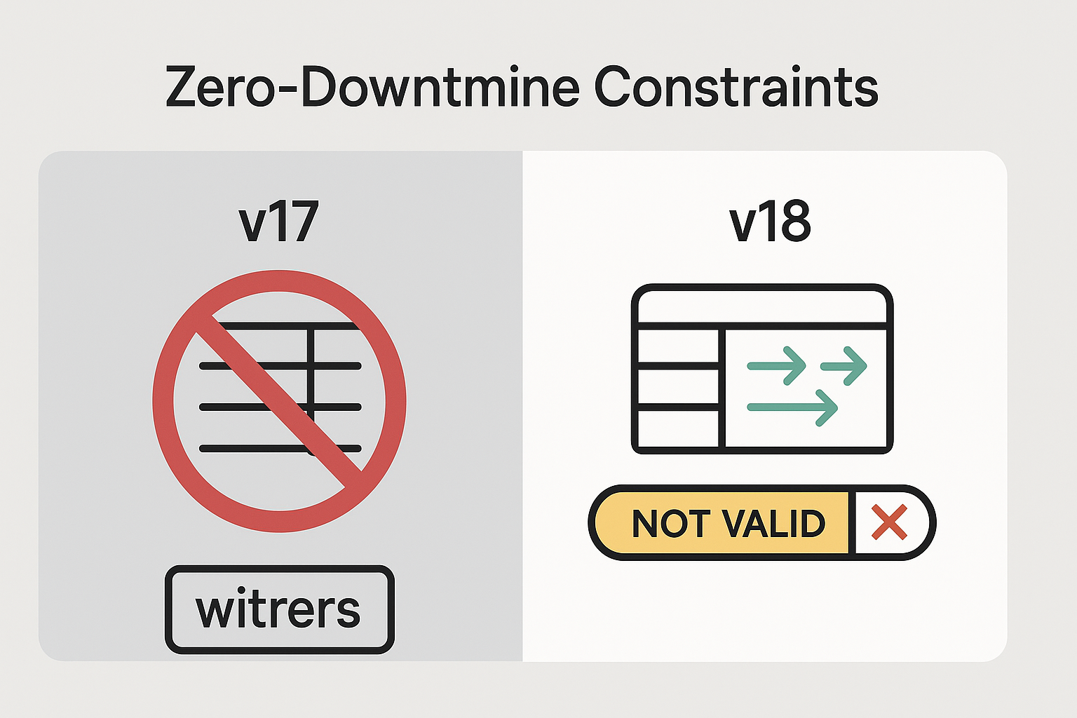 GRAPHIC: 1920×1080 “Zero-Downtime Constraints.” Left column shows a blocked writers icon on a huge table under v17. Right column shows writers flowing freely while a background validator bar crawls, labelled “NOT VALID in v18”. Minimalist icons, clear labels, Vadimages style.